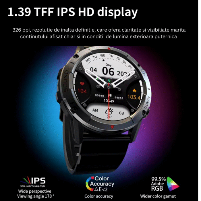 326 ppi, rezolutie de inalta definitie, care ofera claritate si vizibiliate marita continutului afisat chiar si in conditii de lumina exterioara puternica Ceas Smartwatch DFMiSHOP FreeQⓇ NX9