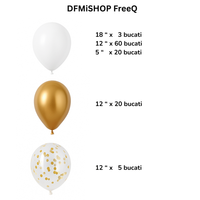 Ghirlanda DFMiSHOP FreeQ PD0032 (1) Set Baloane Decorative, Alb, Auriu, Transparent in interior confetti aurii, DFMiSHOP FreeQⓇ PD0032, Calitate superioara, Decor petreceri si evenimente, 110 piese, Material latex, Marimi 5", 12", 18"