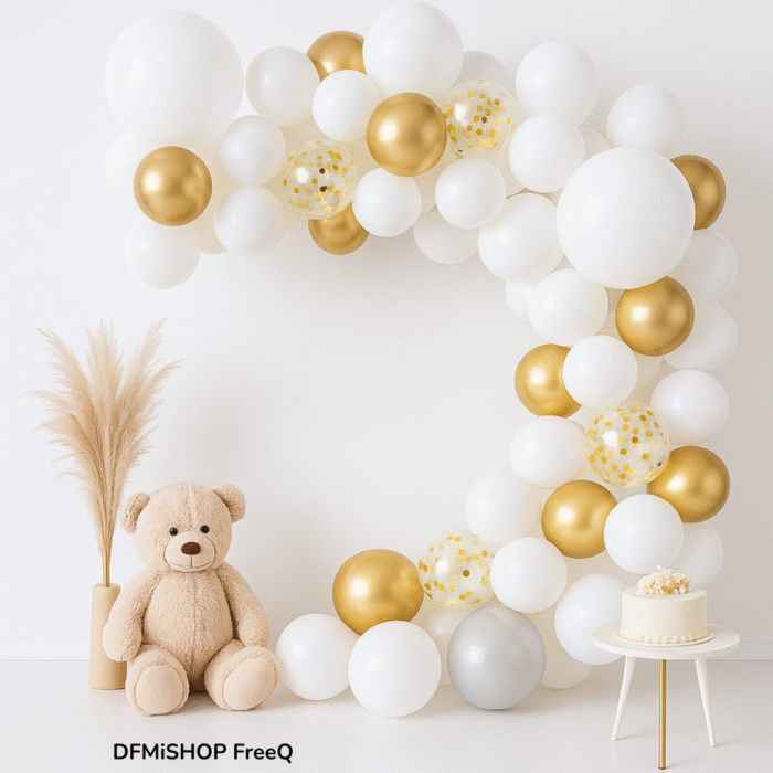 Ghirlanda DFMiSHOP FreeQ PD0032 (3) Set Baloane Decorative, Alb, Auriu, Transparent in interior confetti aurii, DFMiSHOP FreeQⓇ PD0032, Calitate superioara, Decor petreceri si evenimente, 110 piese, Material latex, Marimi 5", 12", 18"