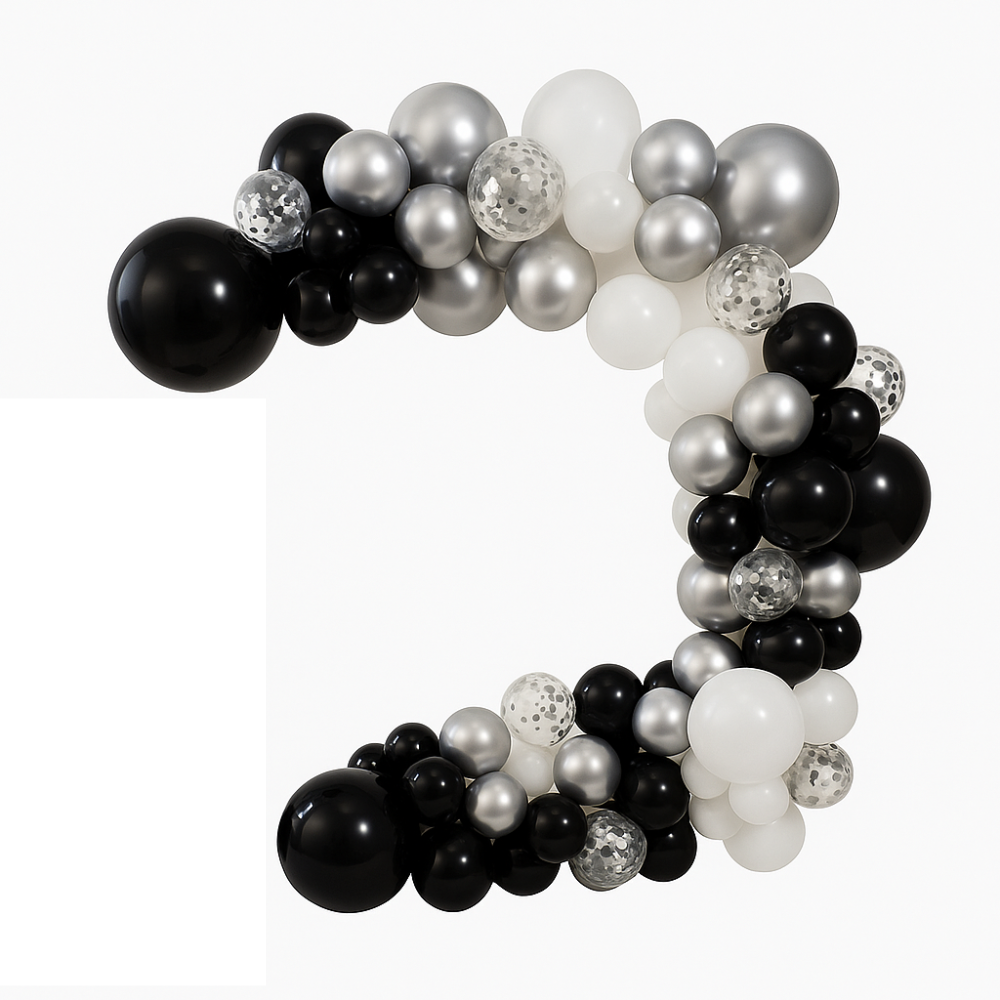 Set Baloane Decorative DFMiSHOP FreeQⓇ PD0017, Calitate superioara, Decor petreceri evenimente, 107 piese, Material latex, Marimi 5", 10", 12", 18", Alb, Argintiu, Negru, Interior Confetti argintii