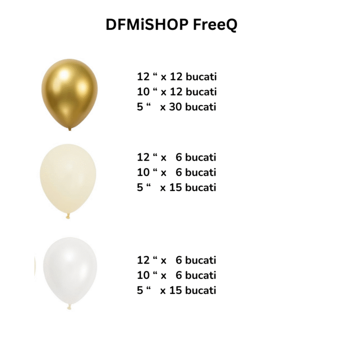 Set Baloane Decorative DFMiSHOP FreeQⓇ PD0046, Calitate superioara, Decor petreceri si evenimente, 110 piese, Material latex, Marimi 5", 10", 12", Alb, Crem, Auriu